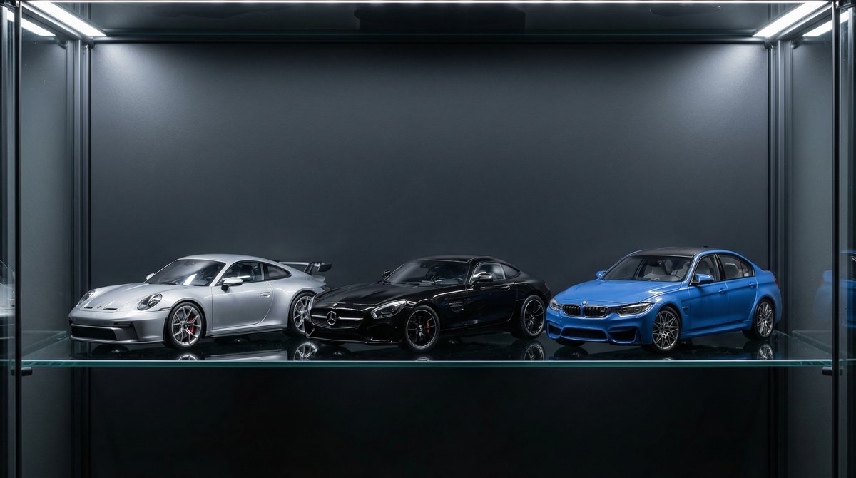 Sammler-Modellautos im Maßstab 1:18 von Porsche, Mercedes-Benz und BMW in einer Glasvitrine